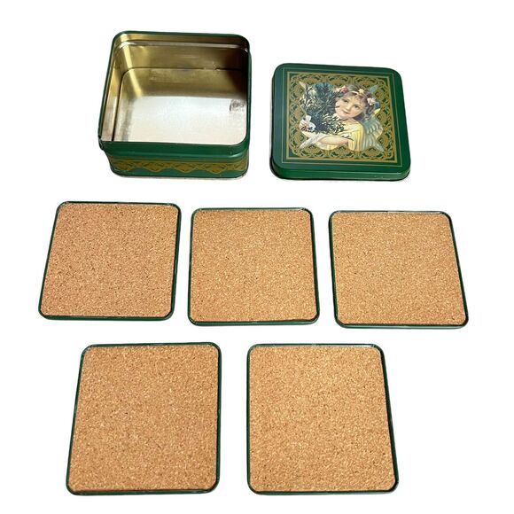 Vintage 1986 Enesco Christmas Greetings Angel Tin Box Cork Backed Coasters set - Picture 5 of 8